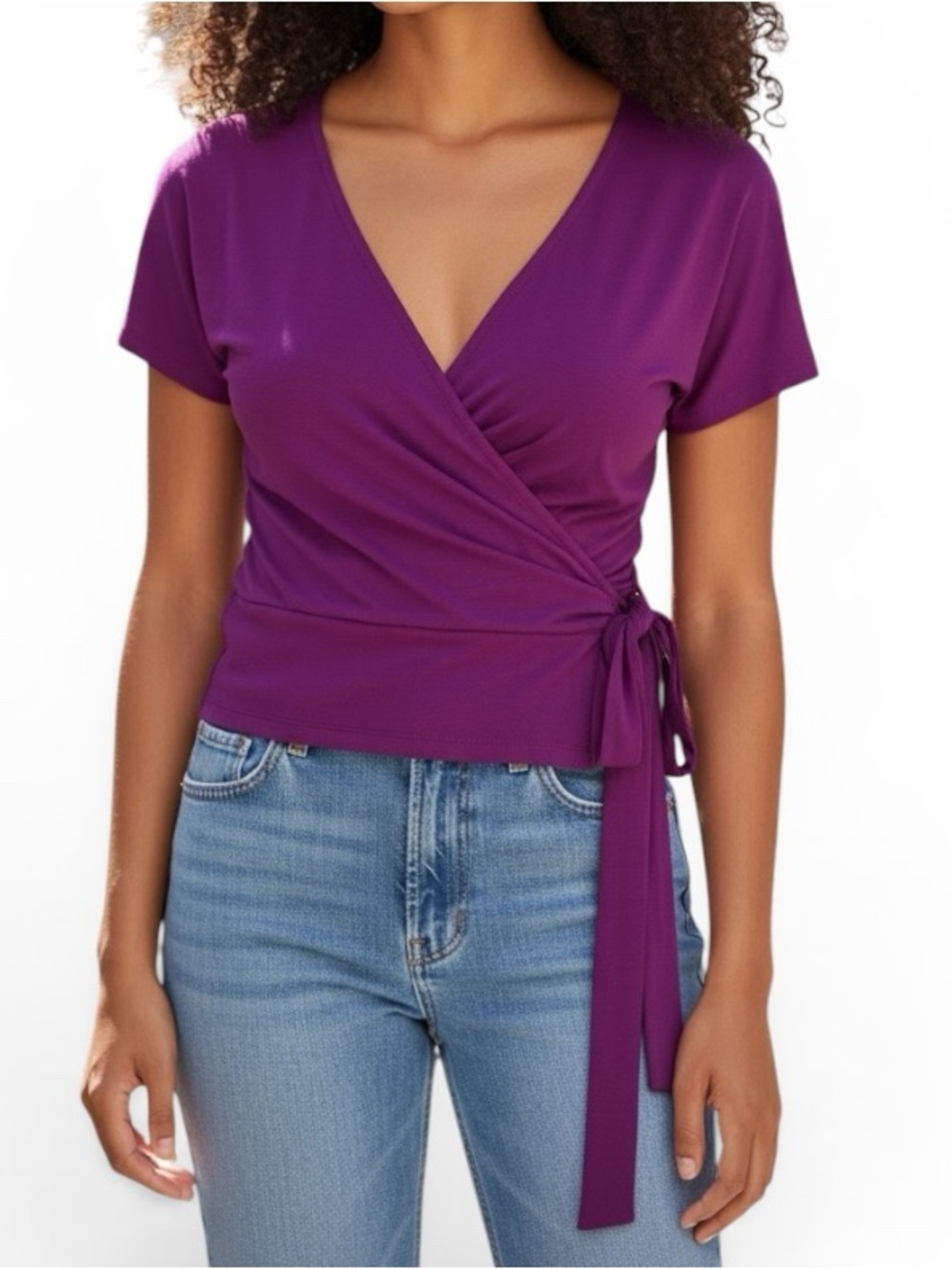 Vince Camuto Faux Wrap Top Tie Waist Cap Sleeve Blouse Purple Size M - Picture 7 of 7